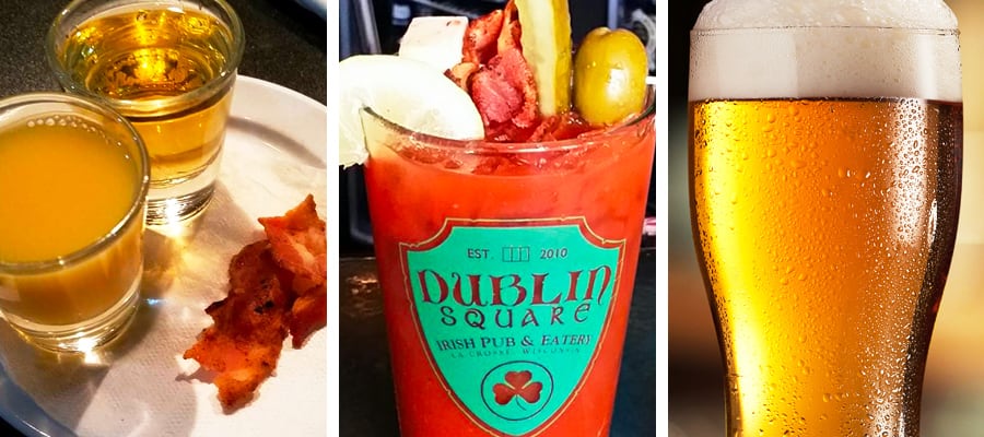 Breakfast Shot, Loaded Bloody Mary, and a tap beer at Dublin Square Irish Pub and Eatery located in La Crosse, Wisconsin